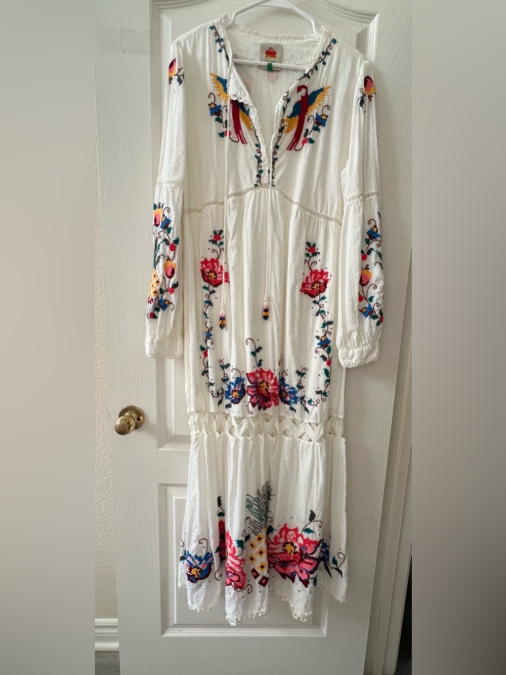 Farm White Embroidered Boho Maxi Dress with Floral & Parrot Motif